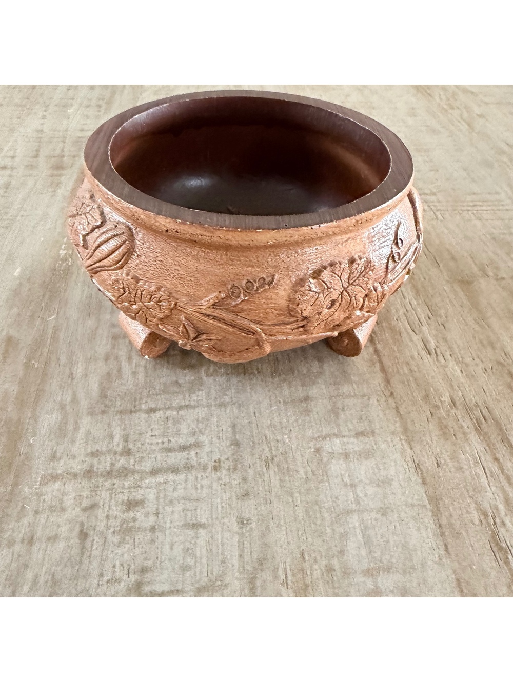 Vintage FTDA Made in USA Faux Wood Resin Footed Bowl Planter Gourds Vines 5”